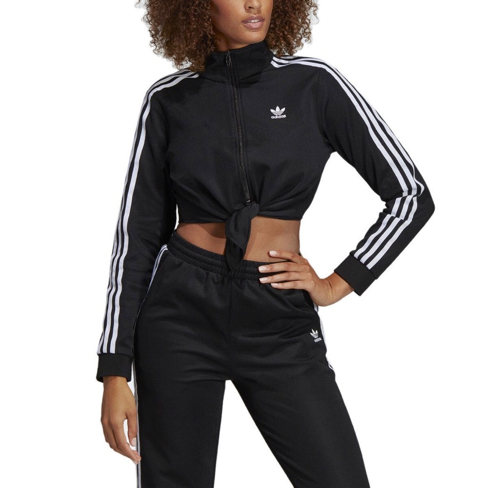 Adidas Originals Womens Knotted Tie Front Cropped Track Top Jacket Black Size XS - Picture 3 of 3